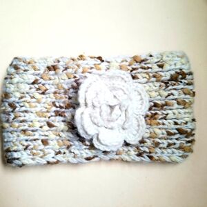 Natasha Couture Ivory & Camel Knit Ear Warmer Headband with Crocheted Flower OS